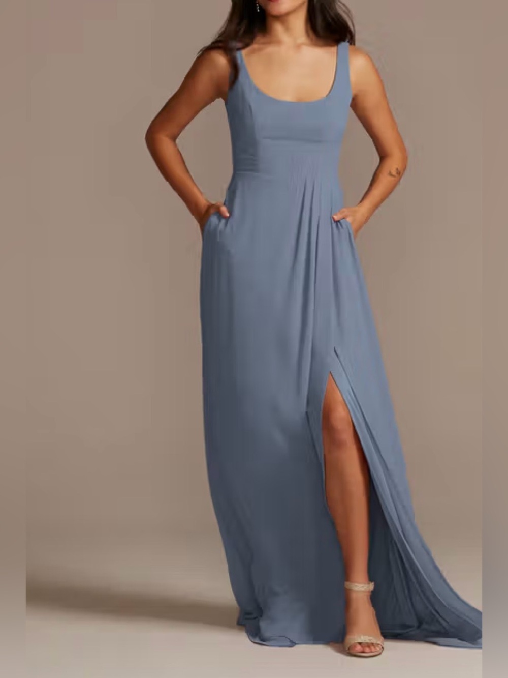 David’s Bridal Chiffon Tank Scoop Neck Dress in Steel Blue - Size 4 (4P)